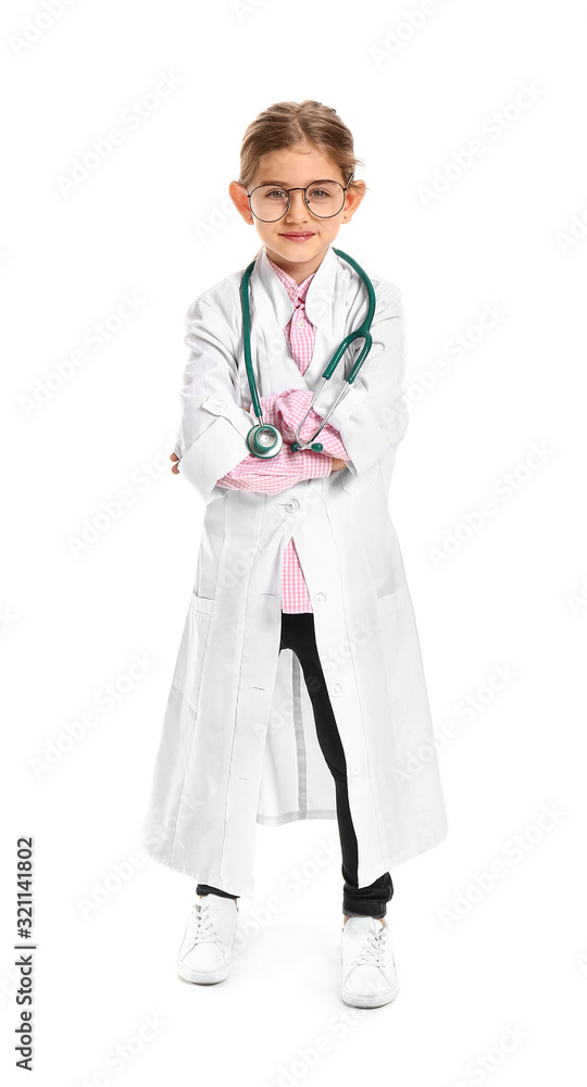 Cute little doctor on white background