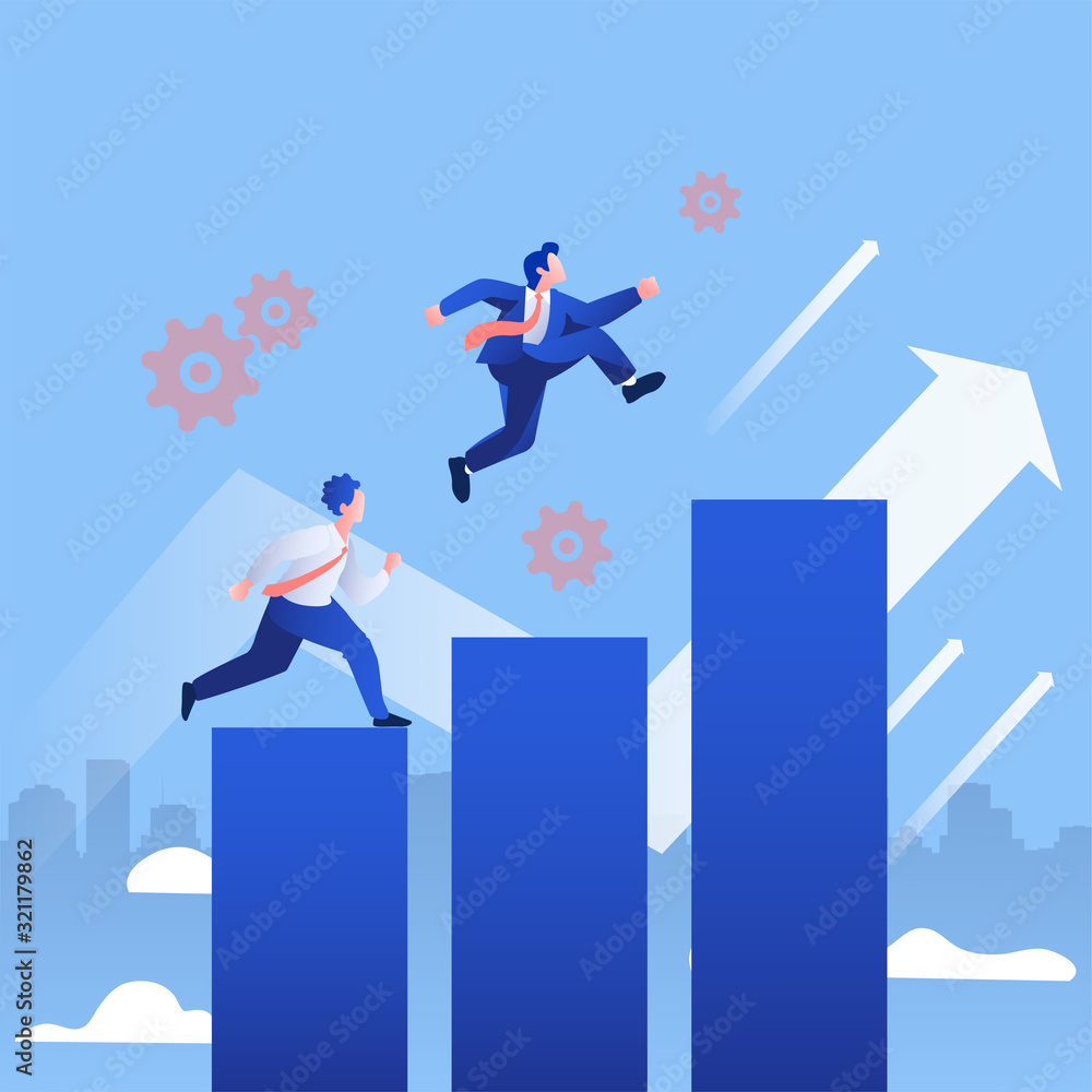 Business arrow concept with businessman  jumping on the graph. grow chart up increase profit sales a