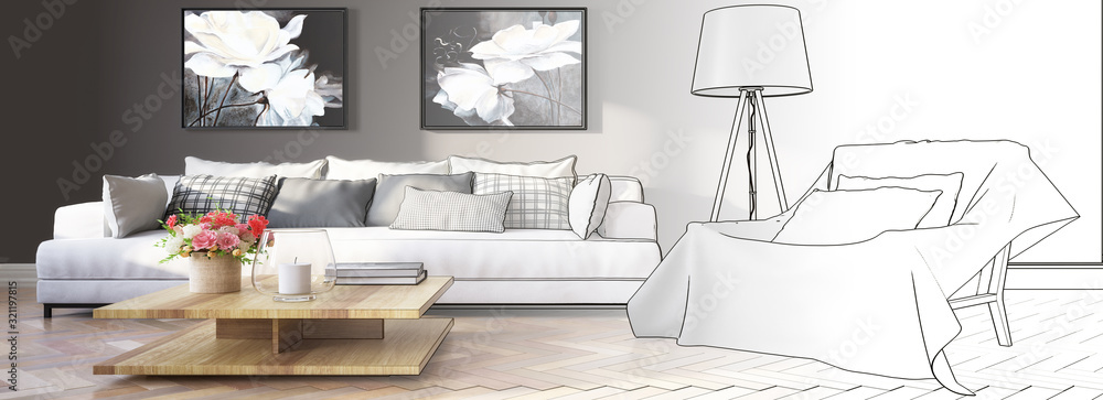 Panorama of cute living room interior with paintings (sketch) - 3d illustration