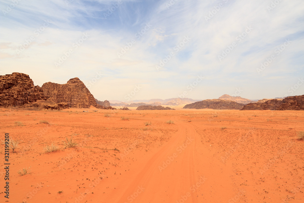 Wadi Rum desert panorama with dunes, mountains and sand that looks like planet Mars surface, Jordan