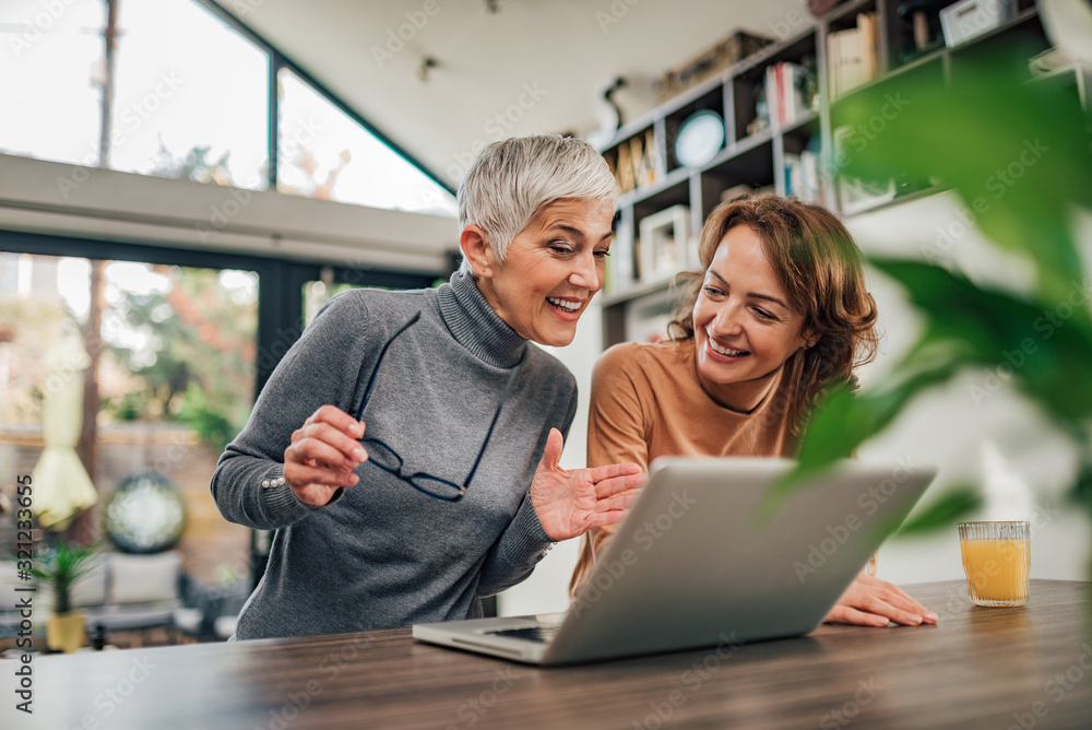 Senior mother and adult daughter relaxing and looking at laptop together, at home, portrait.