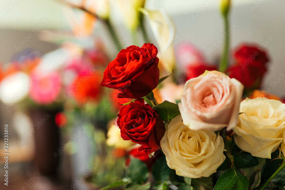 Fresh roses at the florist shop, copy space.