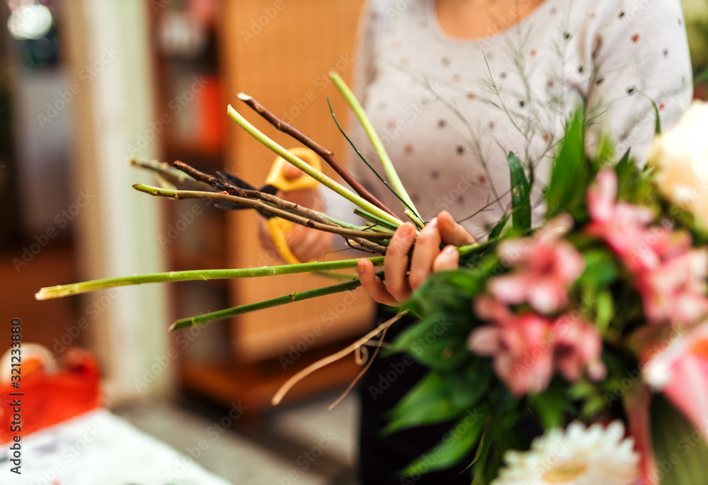 Making of fresh flower bouquet.