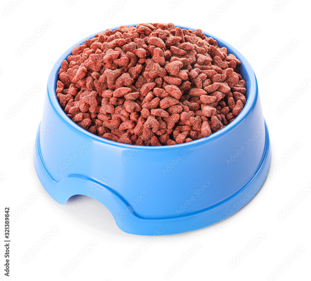 Bowl with dry pet food on white background