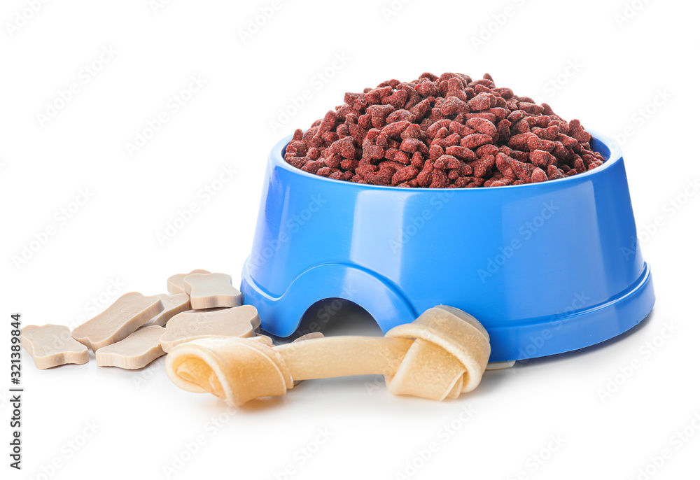 Bowl with dry pet food on white background