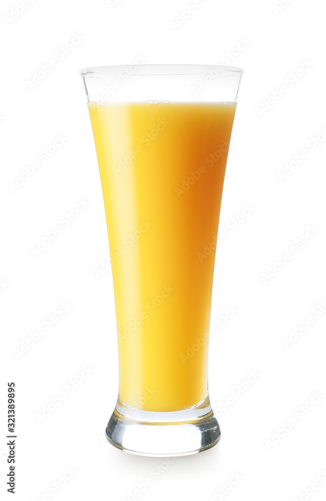 Glass of fresh orange juice on white background