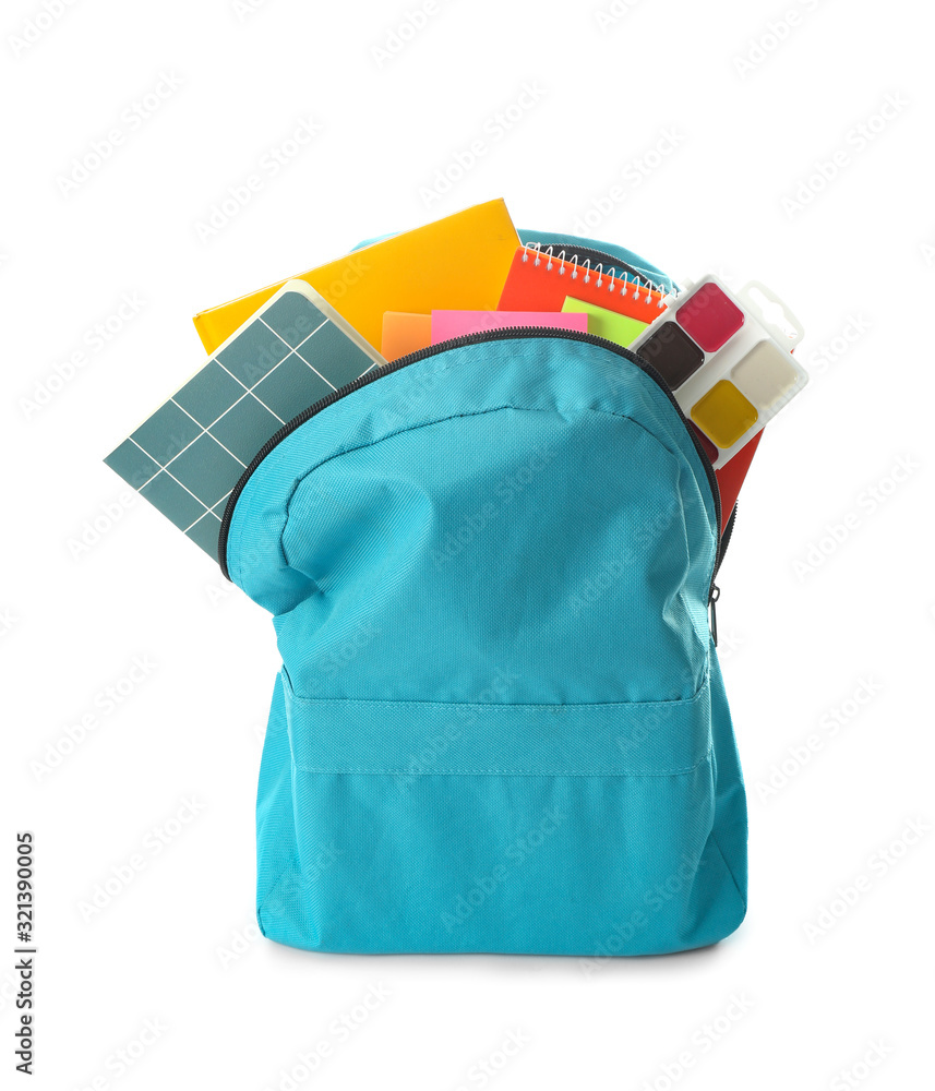 School backpack with stationery on white background