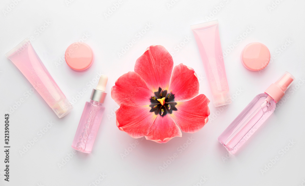 Different cosmetic products on white background