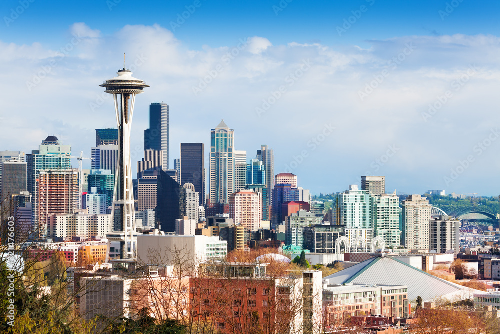 Seattle downtown buildings panorama view from Queen Anne hill, Washington, USA