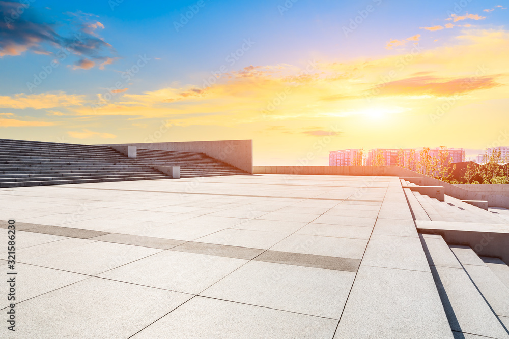 Empty square floor and beautiful sunset clouds.