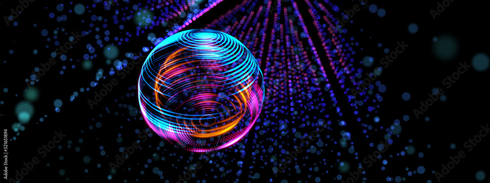 3D neon light globe orbit spinning in circle, digital smart world future technology science wide scr