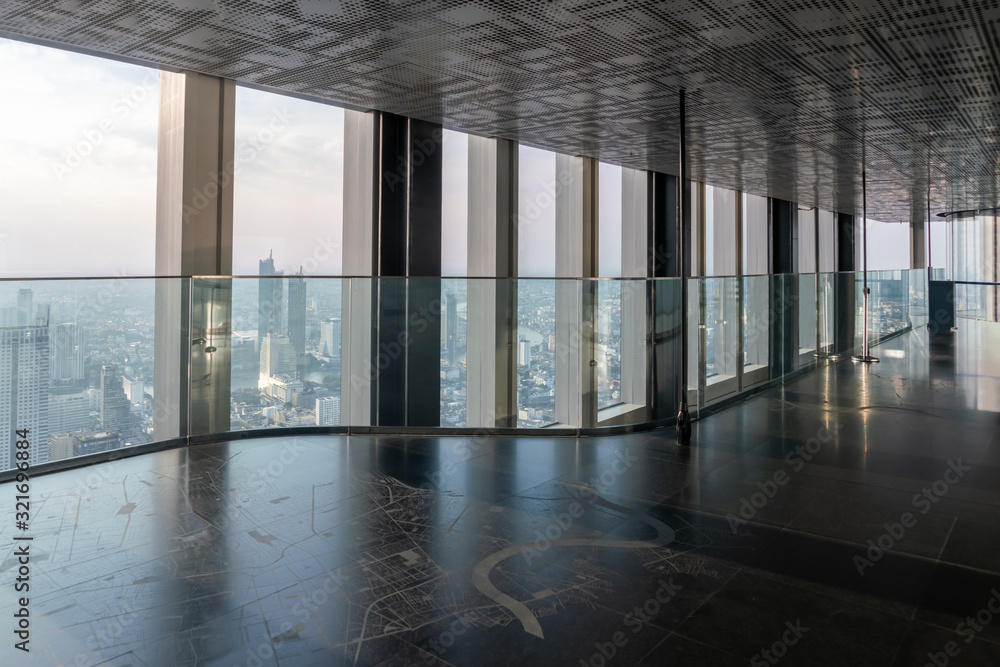 Empty office interior background in city downtown. Modern workplace and conference hallway.