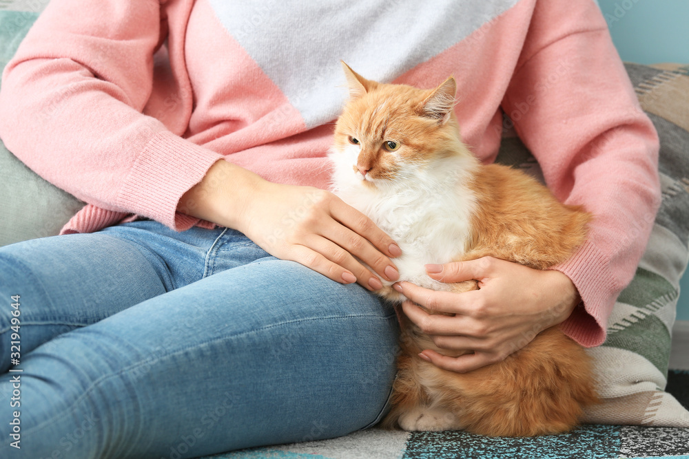 Beautiful young woman with cute cat at home