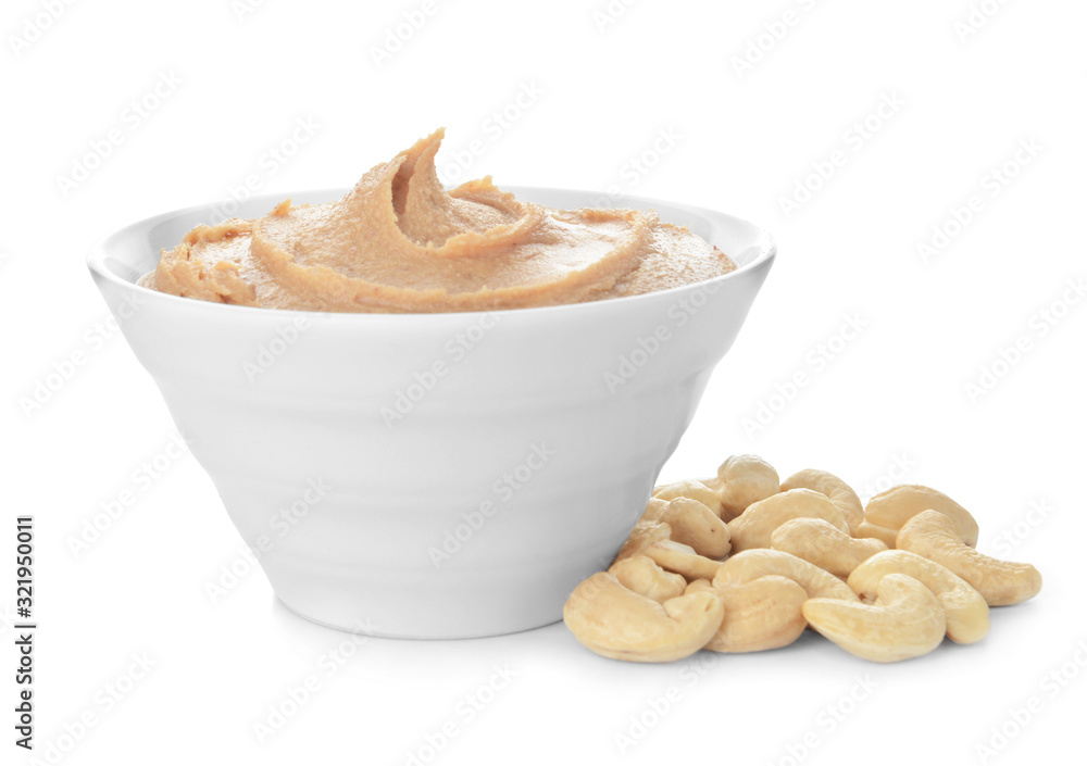 Bowl of cashew butter on white background