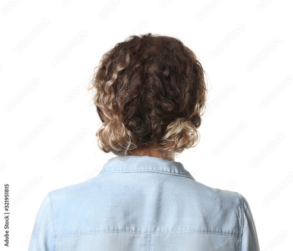 Young woman with beautiful hairdo on white background