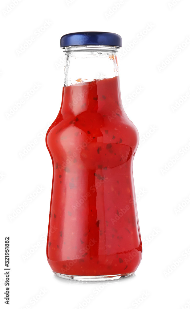 Bottle with tomato sauce on white background