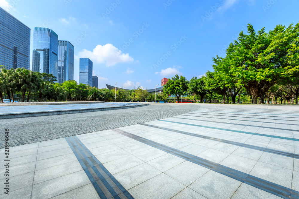 Empty square floors and urban commercial architecture scene in shenzhen,China.