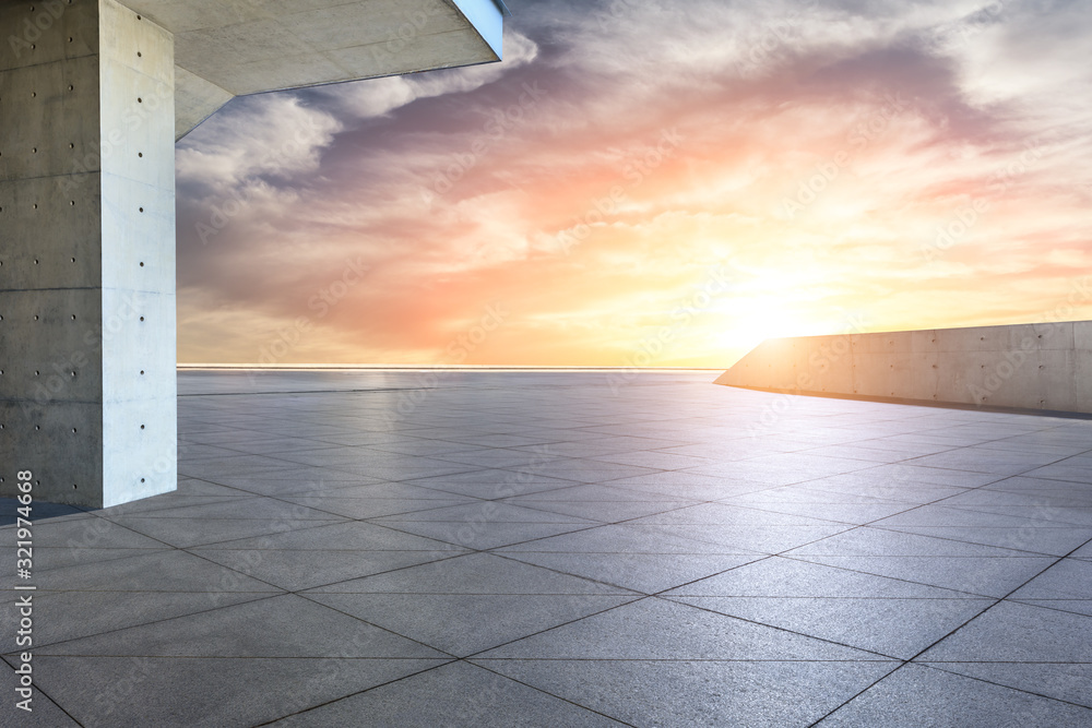 Empty square floor and beautiful sky sunset clouds.