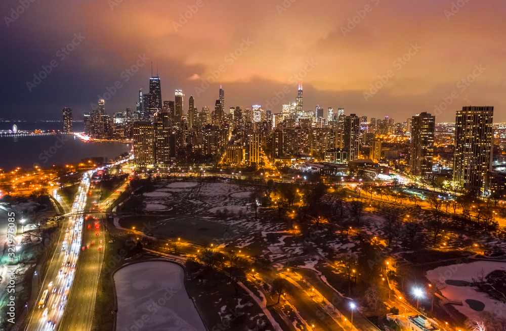 Chicago downtown buildings aerial skyline