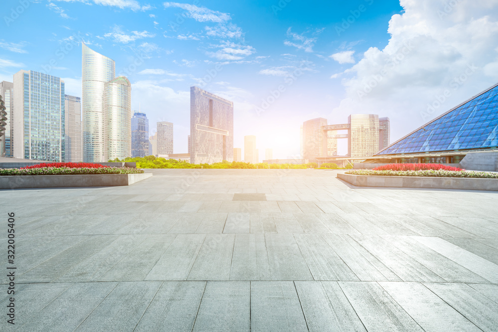 Empty square floor and urban commercial architecture scene in hangzhou,China.