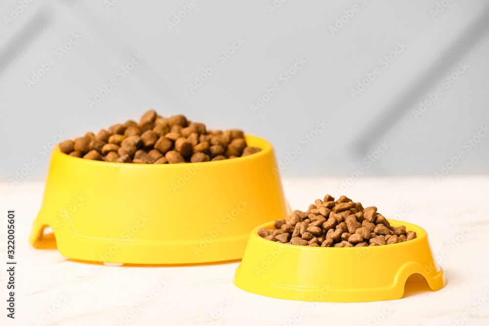 Bowls with dry pet food on table