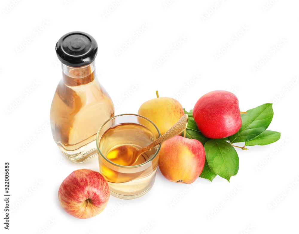 Apple cider vinegar on white background