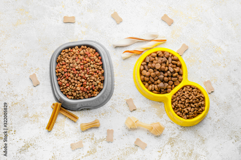 Bowls with dry pet food on white background