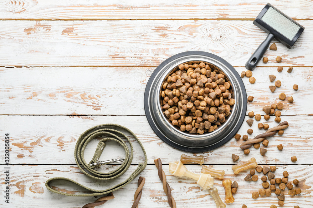 Bowl with dry pet food, dog lead and brush on white wooden background