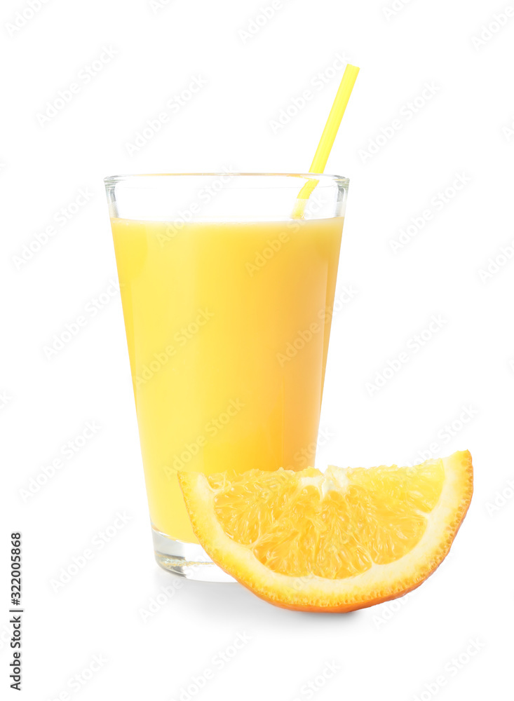 Glass of fresh orange juice on white background