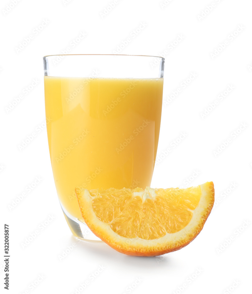 Glass of fresh orange juice on white background