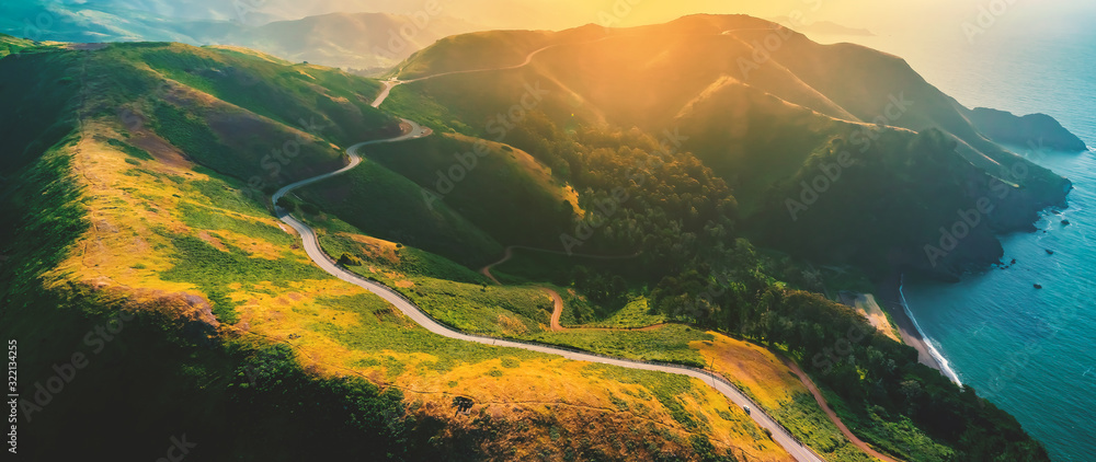 Aerial view of Marin Headlands and Golden Gate bay at sunset