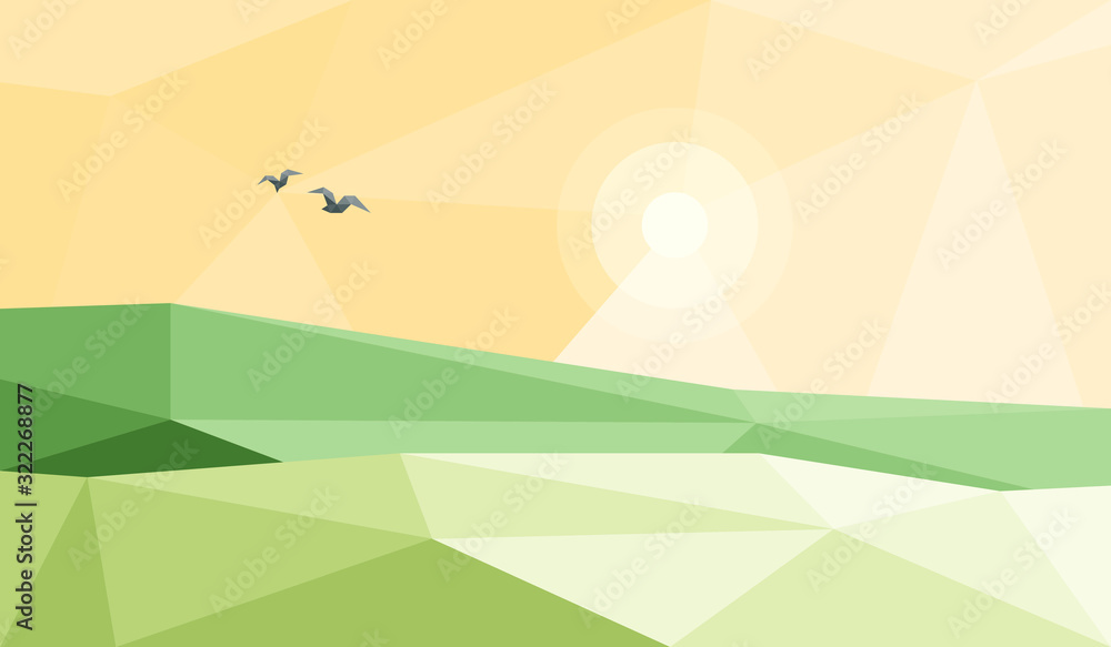 Stylized Low Poly Landscape with Hills, Sun and Birds