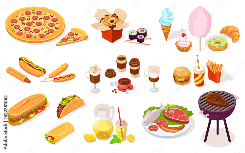 Set of fast and street food. Vector hot dog, pizza, onion ring, sushi, ice-cream, candy-floss, burge