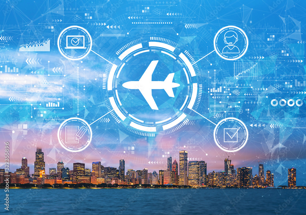 Flight ticket booking concept with downtown Chicago cityscape skyline with Lake Michigan