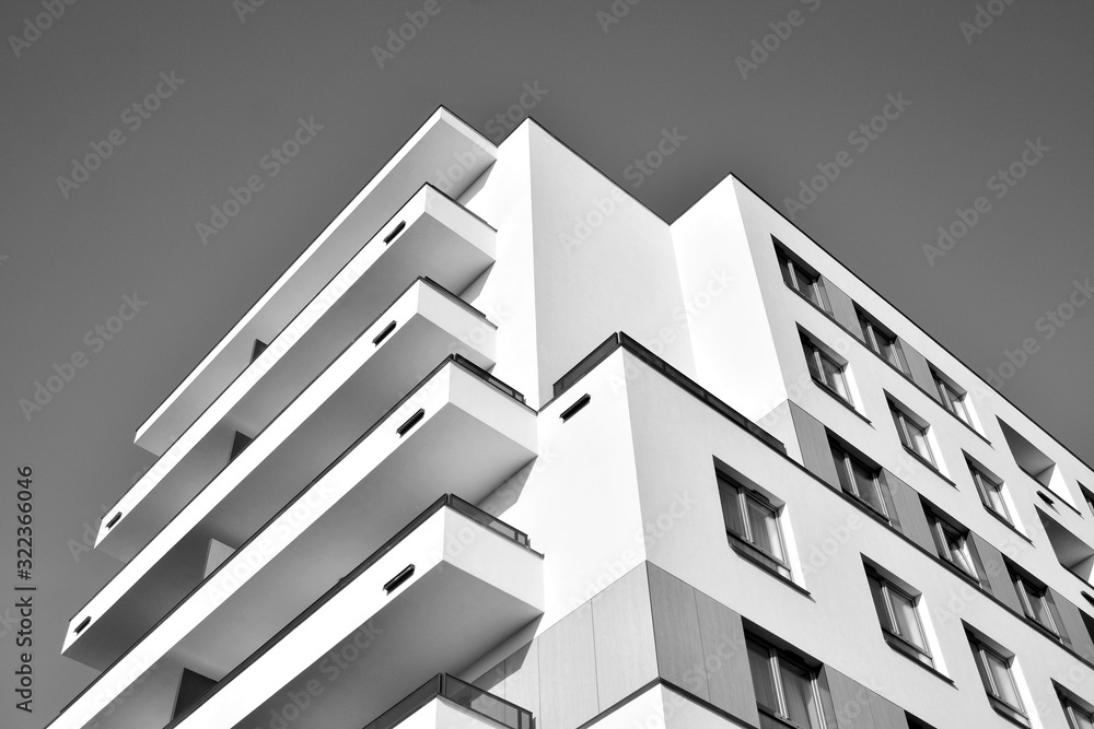 Detail of modern residential flat apartment building exterior. Fragment of new luxury house and home