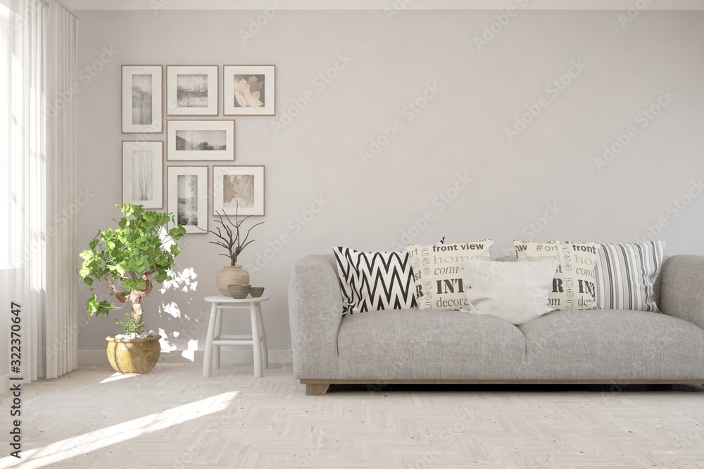 Stylish room in grey color with sofa. Scandinavian interior design. 3D illustration