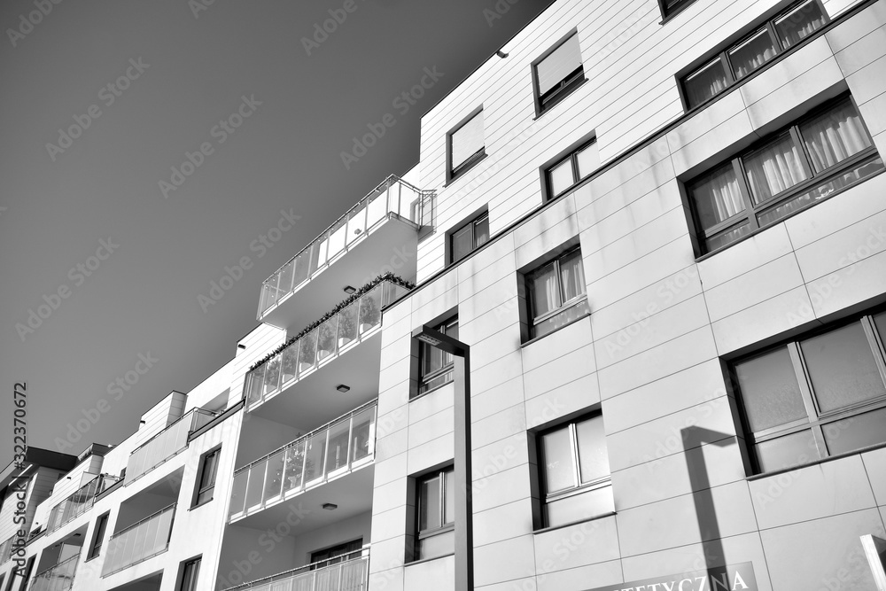 Detail of modern residential flat apartment building exterior. Fragment of new luxury house and home