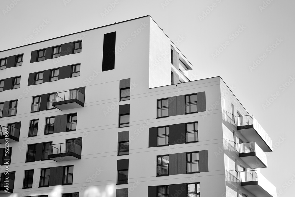 Detail of modern residential flat apartment building exterior. Fragment of new luxury house and home