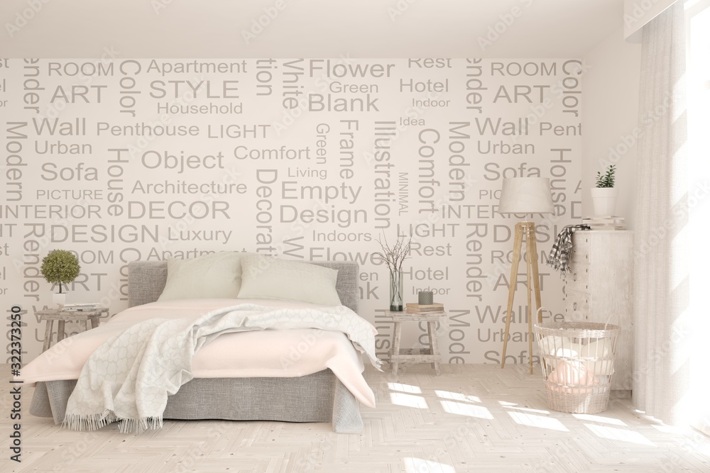 Stylish bedroom in white color. Scandinavian interior design. 3D illustration