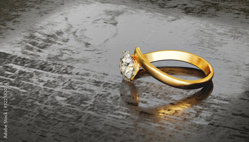 Realistic Gold Diamond Ring Placed On Glossy Background, 3D Rendering.