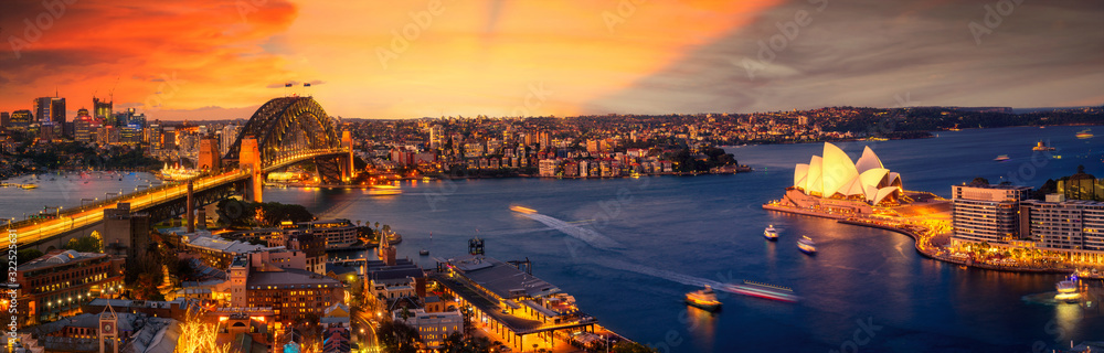 View point of Sydney harbour with city and bridge in sunset time