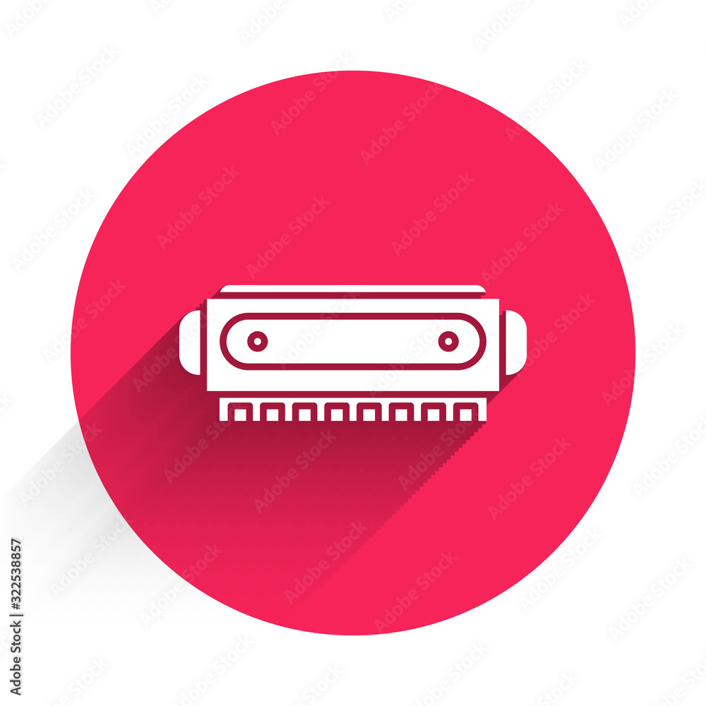 White Harmonica icon isolated with long shadow. Musical instrument. Red circle button. Vector Illust