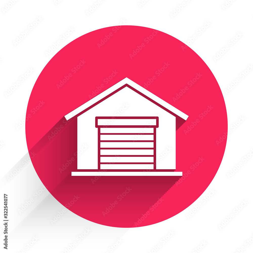 White Warehouse icon isolated with long shadow. Red circle button. Vector Illustration