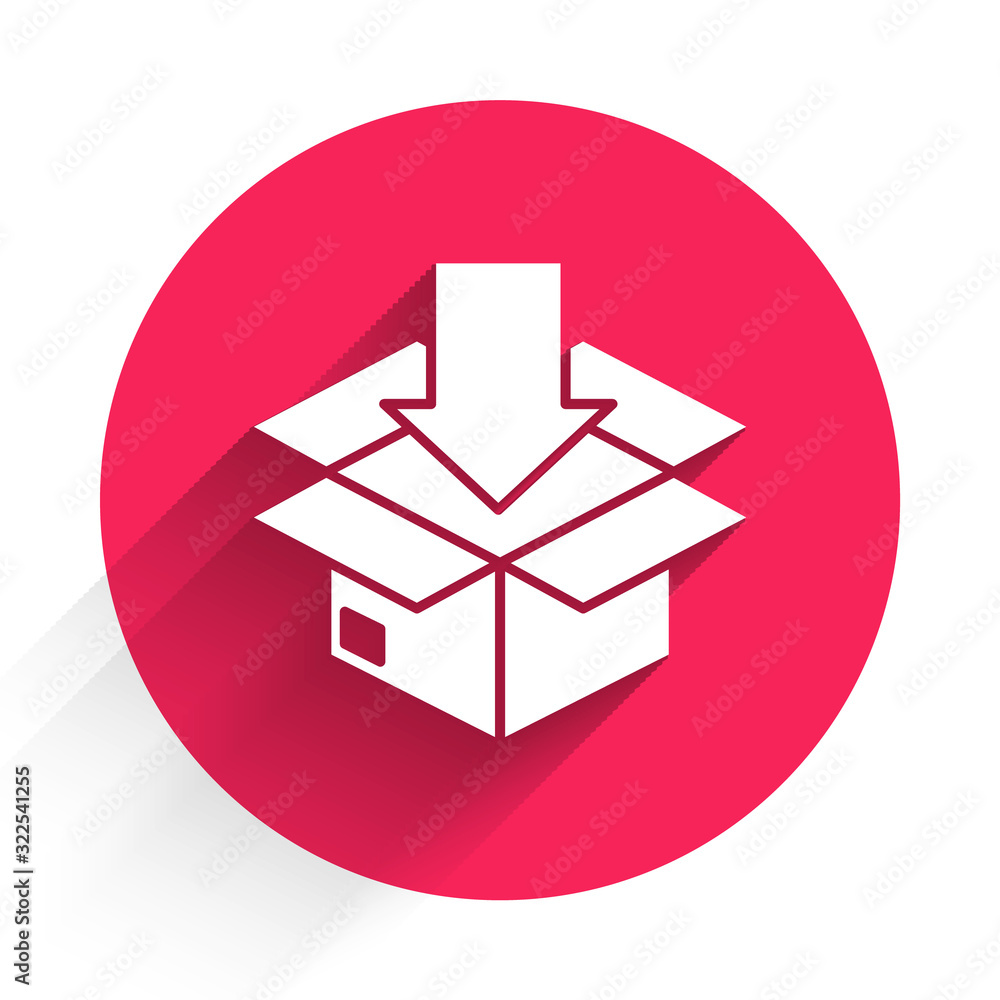 White Cardboard box with traffic symbol icon isolated with long shadow. Box, package, parcel. Delive