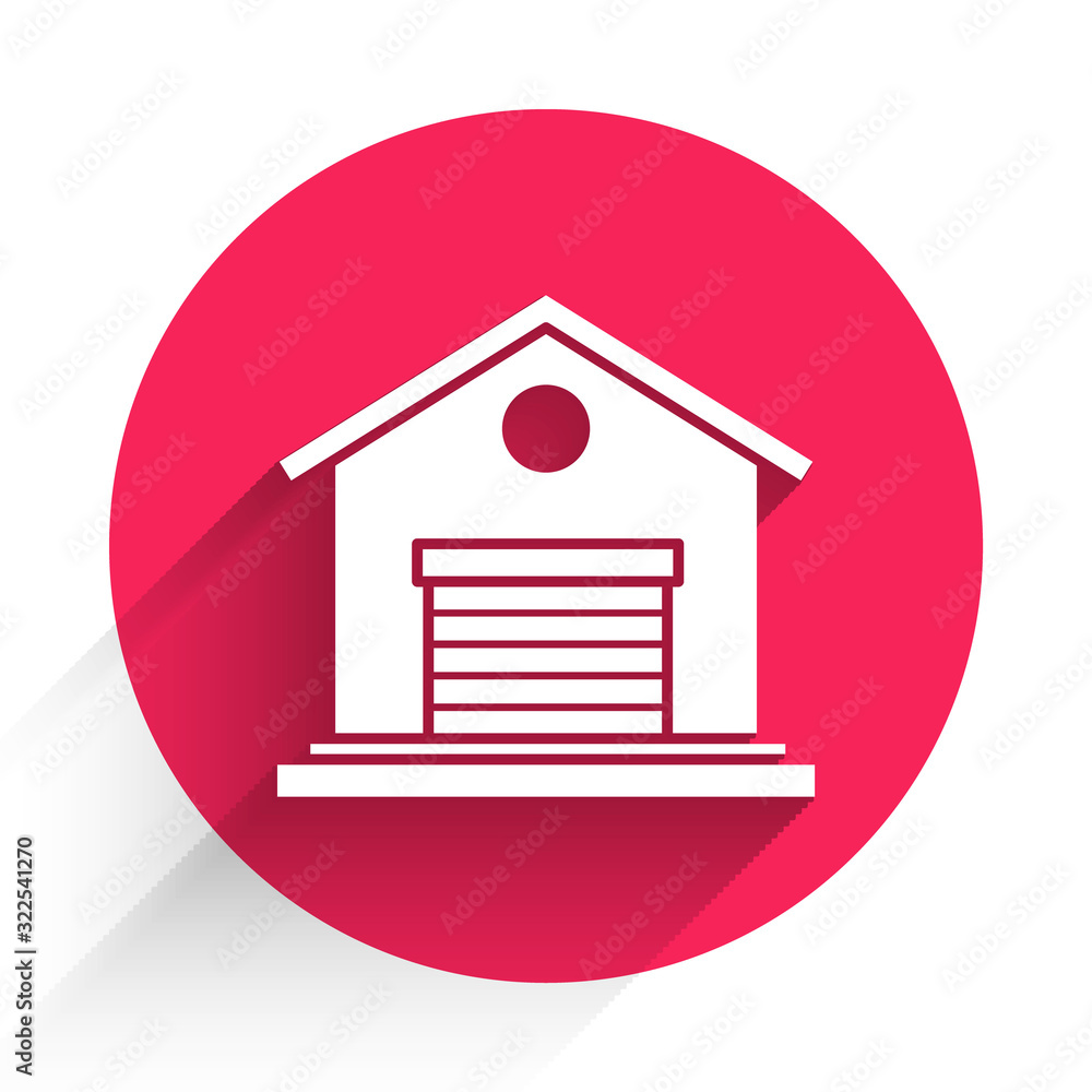 White Warehouse icon isolated with long shadow. Red circle button. Vector Illustration