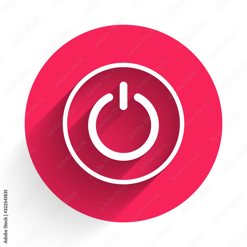 White Power button icon isolated with long shadow. Start sign. Red circle button. Vector Illustratio