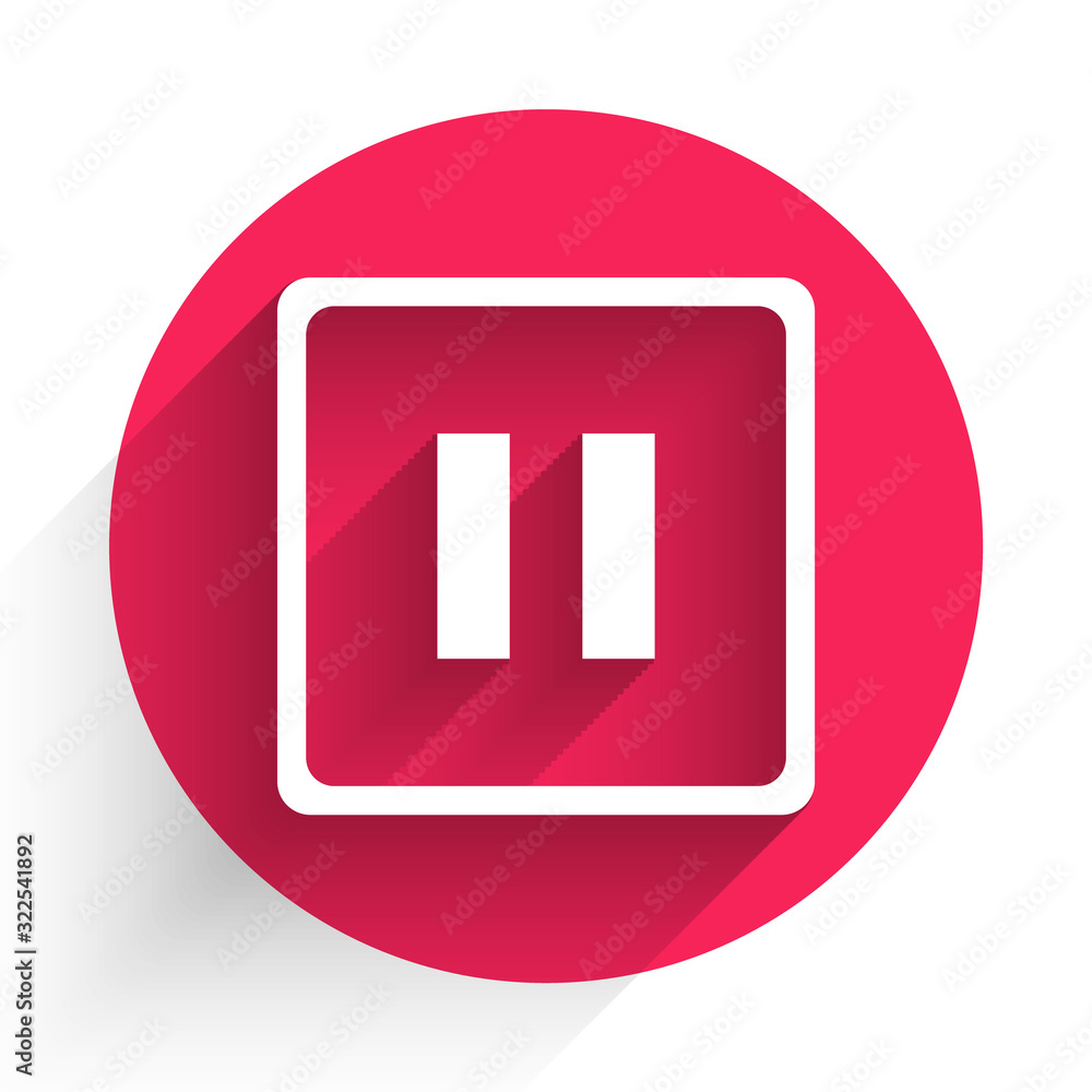 White Pause button icon isolated with long shadow. Red circle button. Vector Illustration