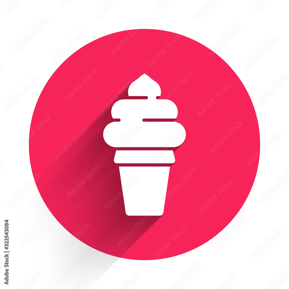 White Ice cream in waffle cone icon isolated with long shadow. Sweet symbol. Red circle button. Vect