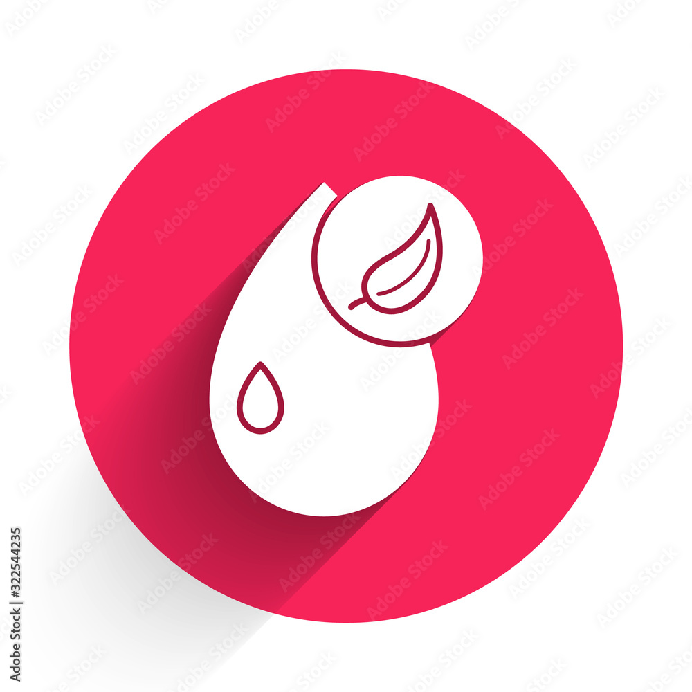 White Bio fuel icon isolated with long shadow. Eco bio. Green environment and recycle. Red circle bu