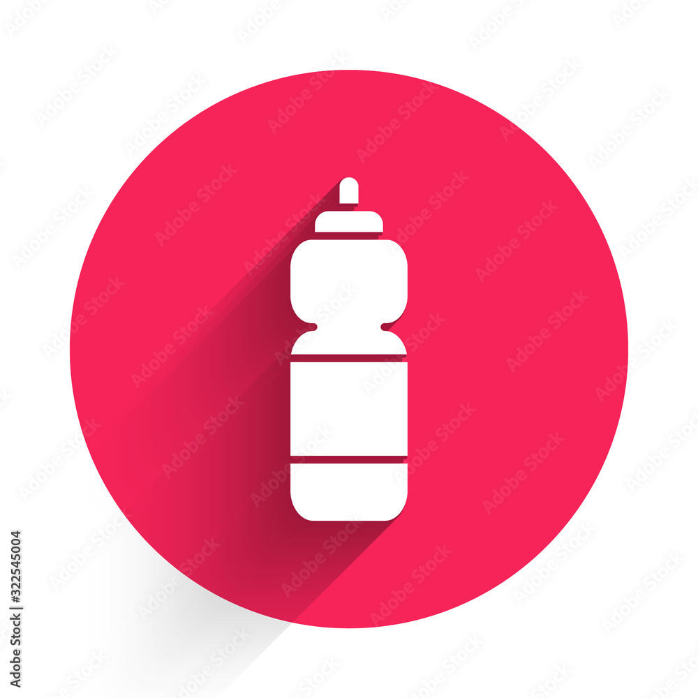 White Fitness shaker icon isolated with long shadow. Sports shaker bottle with lid for water and pro